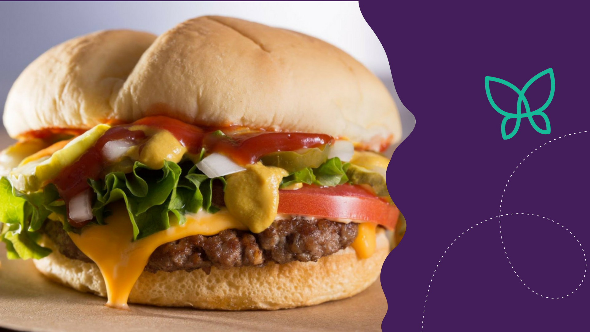 Cheeseburger from Wayback Burgers with an Aspire teal butterfly to the right of it.